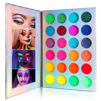 Neon Eyeshadow Palette,24 Colors Highly Pigmented Fluorescent Makeup Pallets Glow in the Dark,UV Glow Blacklight Matte and Glitter Rainbow Eye shadows for Luminous Party Beauty