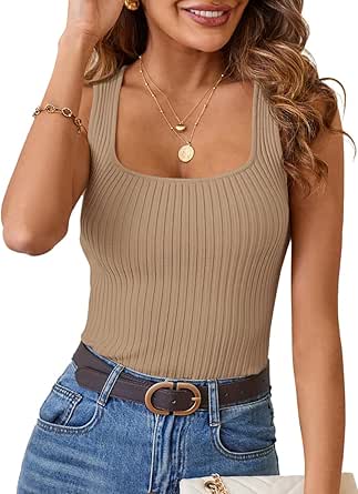 MEROKEETY Women's Ribbed Tank Tops Knit Square Neck Sleeveless Shirts Summer Casual Basic Tanks