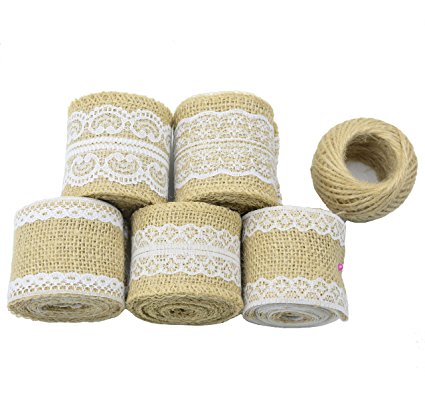 Aokbean 11 Yards/394 Inch Rustic Wedding Favor Jute Burlap Rolls Ribbon with White Lace Trims Tape Ribbon and 98 Feet Jute Twine(White)