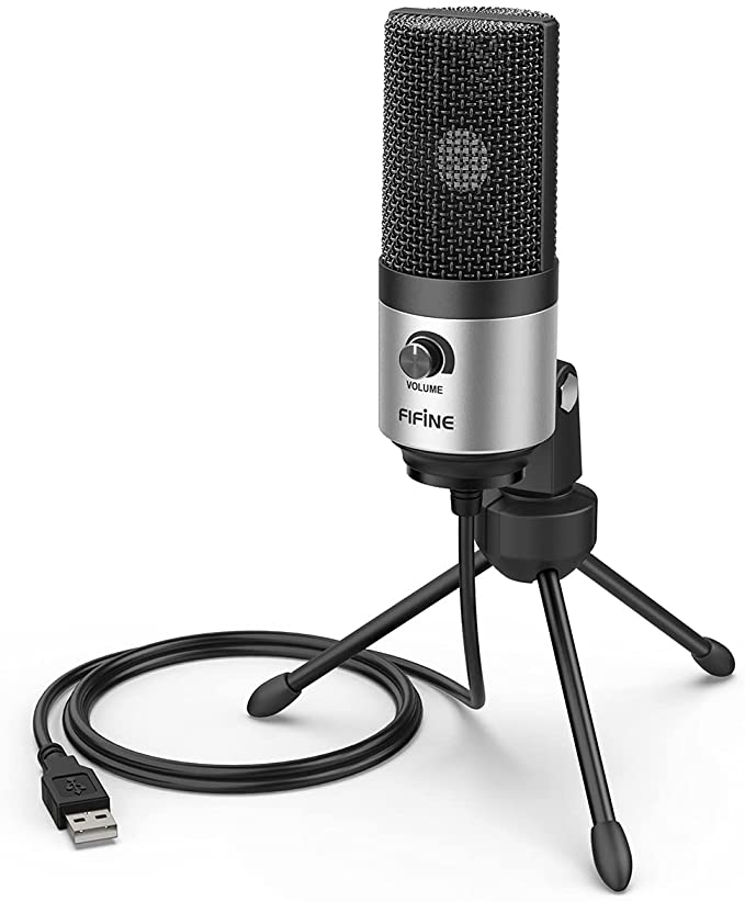 Fifine USB Microphone for Zoom Video Meeting Online Class on PC Computer, Metal Condenser Desktop Mic with Gain Control for Windows and Mac, Silver - K669S