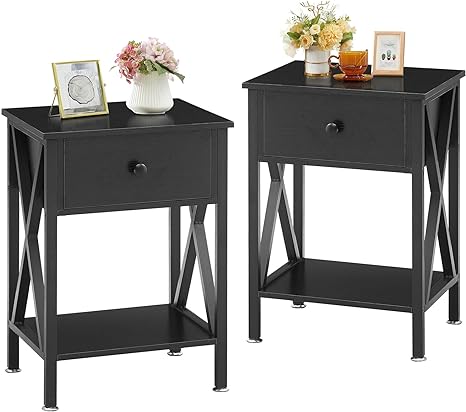 VECELO Modern Side End Table, Nightstand Storage Shelf with Bin Drawer for Living Room, Bedroom, Lounge, 15.8in11.8in21.7in, Black(2 Pack)