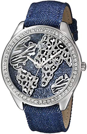 GUESS Women's U0504L1 Iconic Blue Denim Silver-Tone Watch with Wold Map
