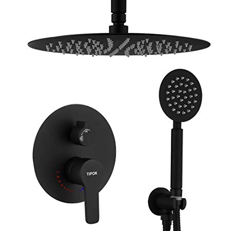 TIPOK Black Shower System, Ceiling Rainfall Shower Faucet Sets Complete of High Pressure, Rain Shower Head with Handheld, Bathroom 12'' Shower Combo with Rough-in Valve Included