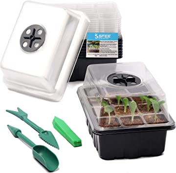 Sfee 5 Pack Seed Starter Tray Kit, 60 Cells Seedling Trays with Humidity Dome and Base Greenhouse Grow Trays, Reusable Mini Propagator for Seed Starting Germination with Garden Tools Labels（Black）