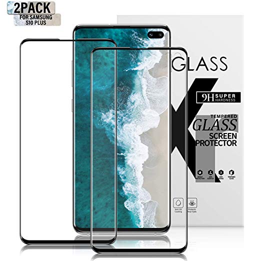 Gozhu Samsung Galaxy S10 Plus Screen Protector, [2 Pack] Coverage Tempered, Shatter-Proof 9H, HD Crystal Protective Film Guard Cover Black