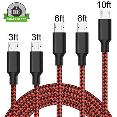 Micro USB Cable, 5Pack 3FT 3FT 6FT 6FT 10FT Nylon Braided High Speed 2.0 USB to Micro USB Charging Cables Android Fast Charger Cord for Samsung Galaxy S7 Edge/S4/S5/S6,Note 5/4,HTC,LG,Tablet (Red)