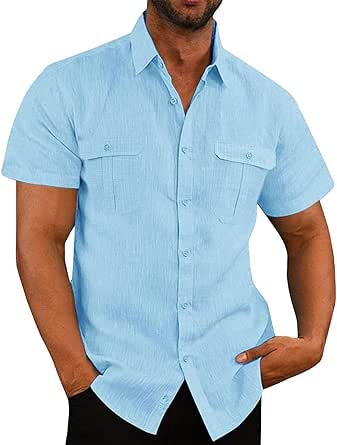 Mens Shirts Button Down Short Sleeve Cotton Linen Shirts for Men Summer Casual Spread Collar Beach Shirts with Pockets