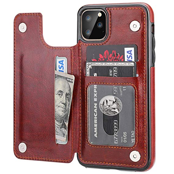 iPhone 11 Pro Max Wallet Case with Card Holder,OT ONETOP PU Leather Kickstand Card Slots Case,Double Magnetic Clasp and Durable Shockproof Cover for iPhone 11 Pro Max 6.5 Inch(Brown)