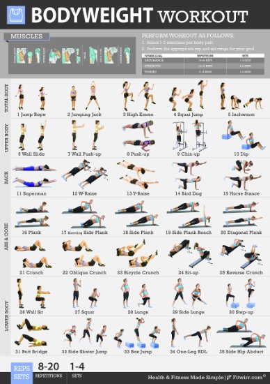 Fitwirr Women's Poster for Bodyweight Exercises 19 x 27. Get in Shape. Total Body Fitness Home Gym Workout Poster to Tone Your Legs, Abs, Butt, Arms & Upper Body. Fitness Poster for Home Workout