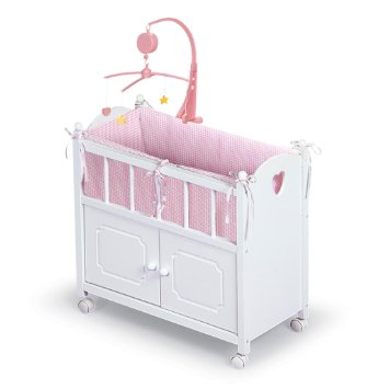 Badger Basket White Doll Crib with Cabinet/Bedding/Mobile/Wheels (fits American Girl dolls)