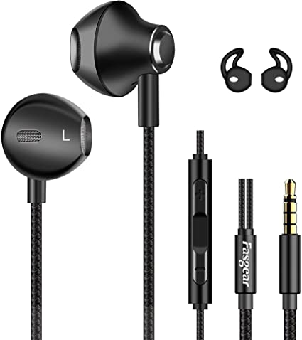 Fasgear in Ear Wired Earphones with Mic & Volume Remote Control Deep Bass 3.5mm Sport Headphones Stereo Sound Compatible with iPhone 6S Plus 5S SE,iPad Pro,iPod, Cellphones, Tablets, Laptops(Black)