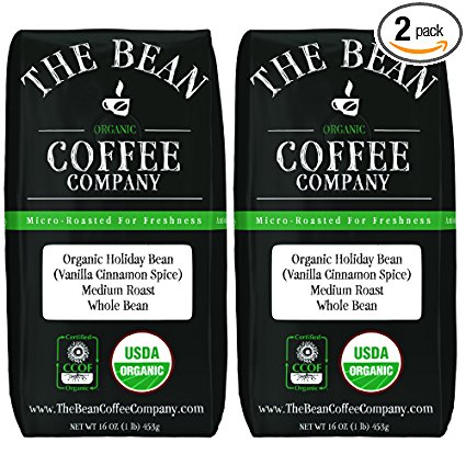 The Bean Coffee Company Organic Holiday Bean (Vanilla Cinnamon Spice), Medium Roast, Whole Bean, 16-Ounce Bags (Pack of 2)
