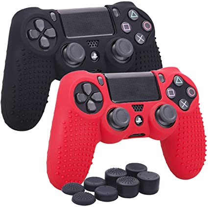 YoRHa Studded Silicone Cover Skin Case for Sony PS4/slim/Pro Dualshock 4 Controller x 2(Black red) with Pro Thumb Grips x 8