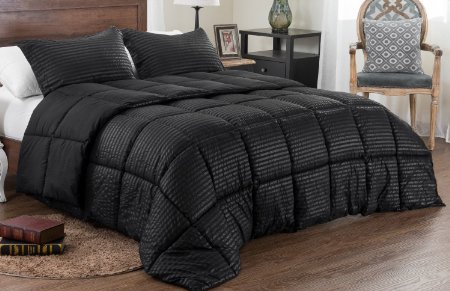 3pc Reversible Solid/ Emboss Striped Comforter Set- Oversized and Overfilled - 2 bedding looks in 1 - Queen-Black