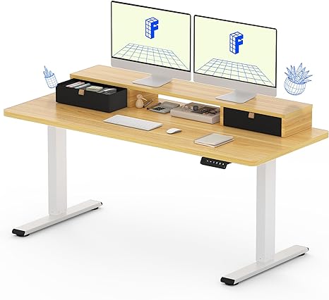 FLEXISPOT Electric Standing Desk with Drawer, Solid One-Piece Adjustable Height Desk with Storage Shelf, Ergonomic Monitor Stand for Computer Laptop (White Frame/Maple Top, 55 inch)