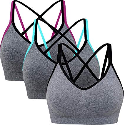 Sports Bra for Women Medium Support Cross-Back Yoga Bras with Removable Pad Pack of 3