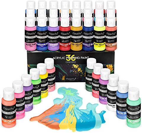 Magicfly 36 Colors Acrylic Pouring Paint (60ml/2oz) Bottles, Pre-Mixed High Flow Liquid Acrylic Paint for Canvas, Wood, Stone, Glass, Ideal for Artwork, DIY Projects