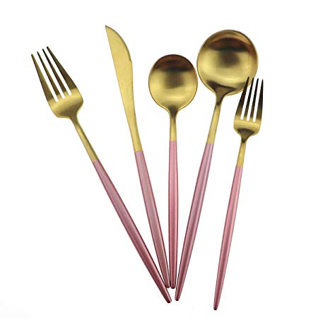 Gugrida Pink Gold Flatware, Royal 20 Piece Matte Pink Handle 18/10 Stainless Steel Tableware Sets for 4 Including Forks Spoons Knives, Camping Silverware Travel Utensils Set Cutlery (Pink Gold)