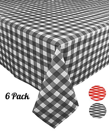 [6 Pack] Plastic Black and White Checkered Tablecloth, Disposable Gingham Party Table Covers, Rectangle 54" X 108"