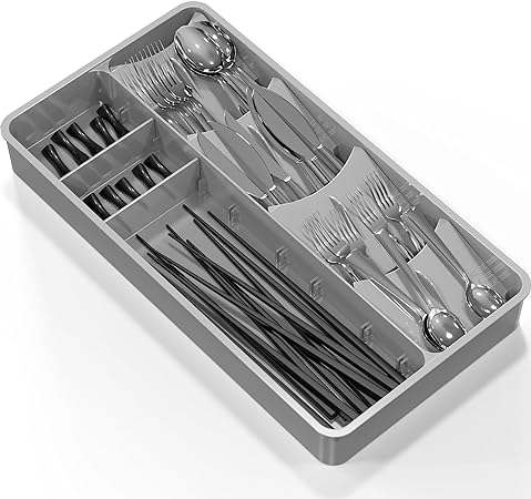 Simple Houseware Double Tier Kitchen Drawer Flatware Organizer With Adjustable Compartments, Grey