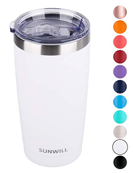 SUNWILL 20oz Tumbler with Lid, Stainless Steel Vacuum Insulated Double Wall Travel Tumbler, Durable Insulated Coffee Mug, Powder Coated White, Thermal Cup with Splash Proof Sliding Lid