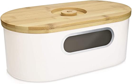 Navaris Bread Bin with Bamboo Lid - Cream Colour Metal Storage Container with Window and Wooden Chopping Board Lid - Vintage Style Kitchen Box Tin