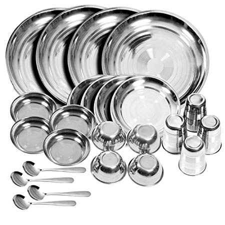 Tulsi Stainless steel Dinner Set (Set of 24)(Glass, Curry Bowl, Desert bowl, Spoon, Quater Plate and Full Plate),Silver
