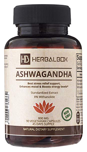 Herbalbox - Ashwagandha 100% Natural Herbal Supplement Mood Enhancer Reduces Stress Anti-Anxiety Ayurvedic 90 Vegetarian Capsule
