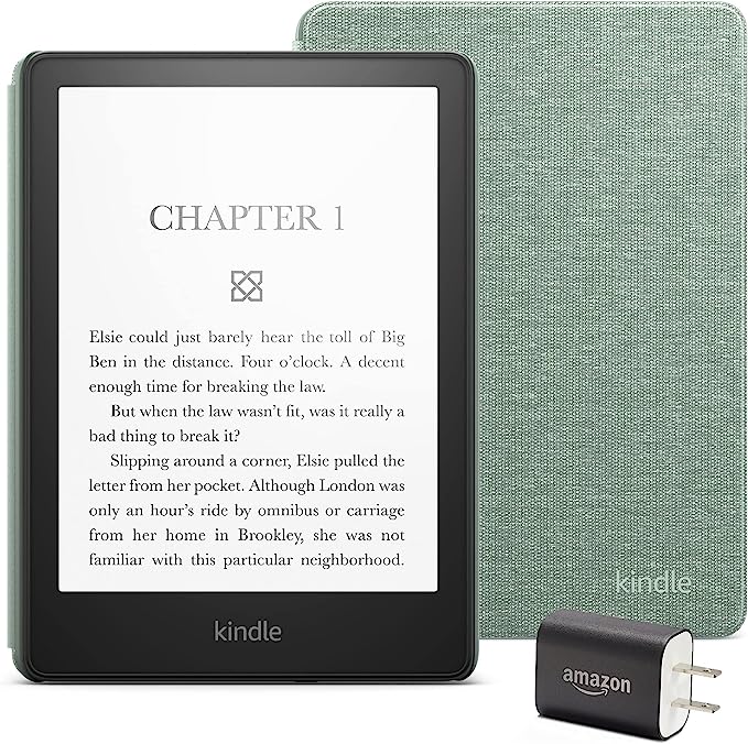 Kindle Paperwhite Essentials Bundle including Kindle Paperwhite (16 GB) - Black - Fabric Cover - Agave Green, and Power Adapter