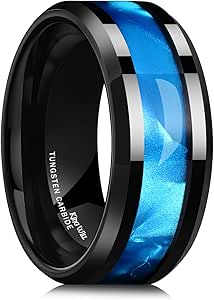 King Will Tungsten Carbide Wedding Band for Men - 8mm Black High Polished Inlay Green/Black Olive Shell Texture Patterns for Everyday Wear Comfort Fit