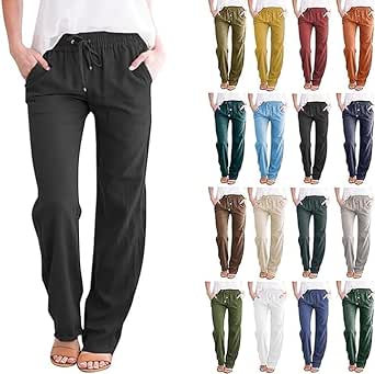 Women's Linen Cotton Pants Casual Summer Trousers Drawstring Elastic Waist Straight Leg Lightweight Comfy Pant with Pockets