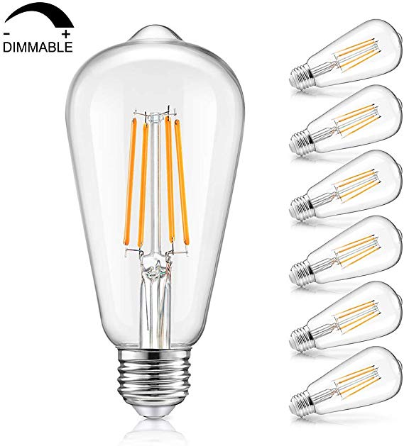 Vintage LED Dimmable Edison Light Bulbs 100W Equivalent, 1200Lumens, E26 Base LED Filament Bulbs, 2700K Warm White, ST64/ST21 Antique Clear Glass Style for Home, Reading Room, Bathroom, 6-Pack