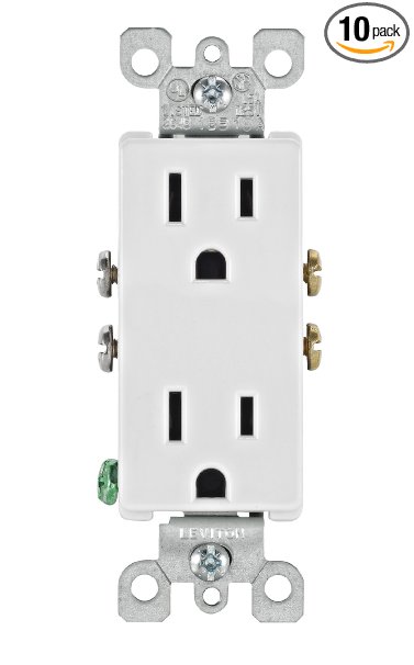 Leviton 5325-WMP 15 Amp, 125 Volt, Decora Duplex Receptacle, Residential Grade, Grounding, 10-Pack, White