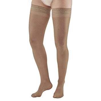 Ames Walker Women's AW Style 74 Soft Sheer Compression Thigh High Stockings w/Lace Band 8 15 mmHg Natural Medium 74 M Natural Nylon/Spandex