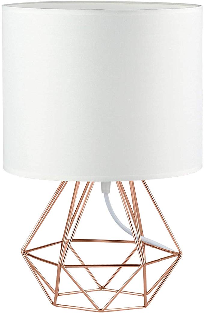Modern Vintage Rose Gold Desk Table Lamps for Girls Kids Living Room Bedroom - Minimalist Industrial Style DIY Bedside Night Light Metal Hollowed Out Base Fabric Shade - Ecopower Geometric Cage Light
