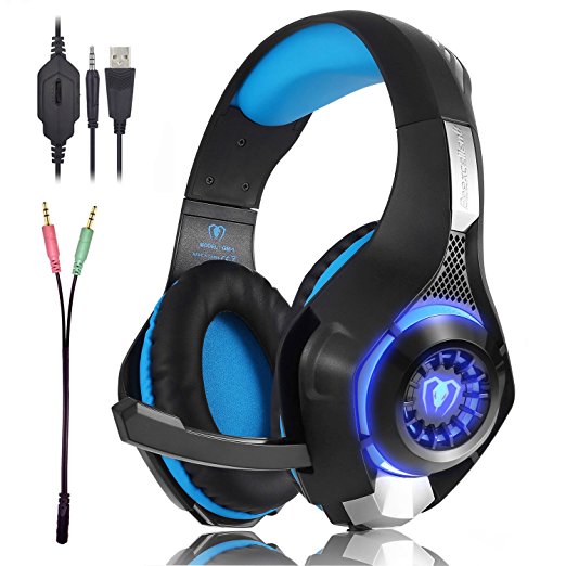 Beexcellent Gaming Headset with Microphone for PS4 New Xbox 1 PC Smart phone Laptops Computer - Surround Sound, Noise Reduction Game Earphone - Easy Volume Control with LED Lighting 3.5MM Jack ( Bule )