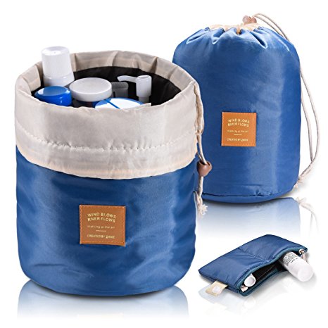 Multifunctional Barrel Shaped Travel Cosmetic Bag   Mini Zipper Jewelry Pocket   Transparent PVC Pouch for Makeup Brush, Large Capacity Drawstring Hanging Toiletry Organizer Bag for Women Men ( Blue )