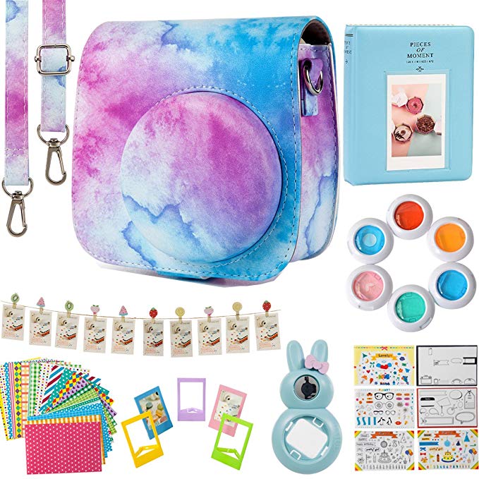 Flylther Compatible Mini 8 9 Camera 8-in-1 Accessories Bundles Set for Fujifilm Instax Mini 8 9 Instant Film Camera(Case,Albums,Frames,Film Stickers,Colored Filters,Selfie Lens)- Blue Pink Watercolour
