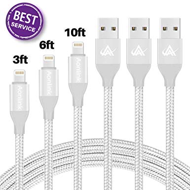 Aonlink iPhone Charger,Aonlink 3 Pack(1M 2M 3M) Lightning Charging Cable, Multi Safety Defense, Nylon Braided, Ultra Durable, for iPhone X/8/8 Plus/7/7 Plus/6/6 Plus/and more-(Silver)