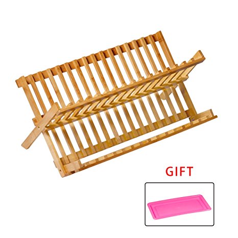 STSTECH Natural Eco-Friendly Bamboo Racks 2-Tier Foldable Bamboo Dish Drying Rack Bamboo Dish Drainer 1pcTray(Gift)