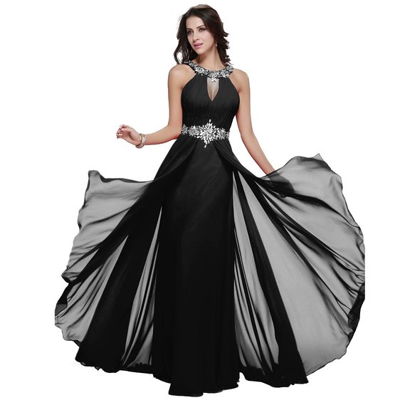 Long Chiffon Prom Dress Halter Neck Beaded Evening Dress Party Gown