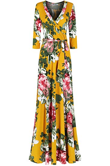 Bon Rosy Women's #madeinUSA 3/4 Sleeve Mock Wrap Mother's Day Baby Wedding Shower Floral Maxi Dress