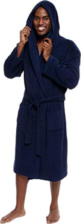 Ross Michaels Men's Lightweight Cotton Terry Robe - Luxury Hooded Bathrobe w/Shawl Collar