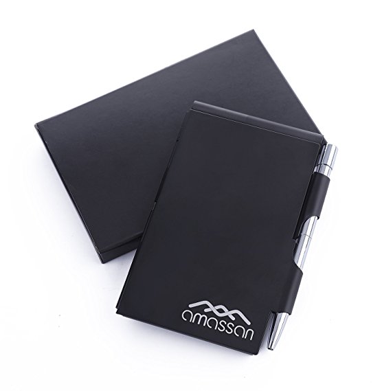 Metal Pocket Notebook-Convenient Aluminum Note Case with Mini Pen and Notepad-AMASSAN (Black)