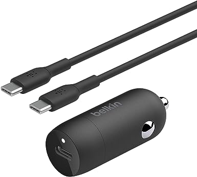 Belkin Boost↑Charge™ 30W Fast Car Charger, Compact Design w/USB-C Power Delivery Port, USB-C to USB-C Cable Included, Universal Compatibility for Galaxy S23, Note Series, and More - Black