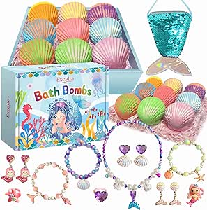 Mermaid Bath Bombs for Kids with Surprise Inside, 9 Pcs Natural Handmade Fizzy Shell Bubble Bath Bomb Kit for Girls with Jewelry Toys, Pefect for Christmas Easter Birthday Gift Princess Party Favor