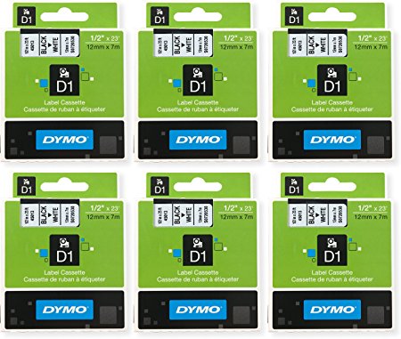 Dymo D1 Standard Tape Cartridge, 1/2in x 23ft, Black on White Tape Cartridge, Pack of 6