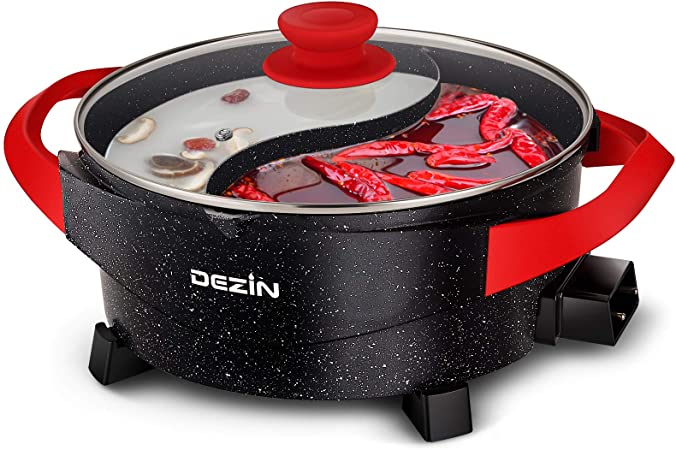 Dezin Electric Shabu Shabu Hot Pot with Divider, 5L Double Flavor Non-Stick Hot Pot with Multi-Temperature Control, Electric Cooker with Tempered Glass Lid for Party, Family Gathering