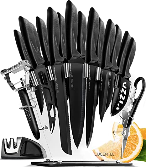 17pc Kitchen Knife Set, Kitchen Gadgets with Steak Knives, Knives Set for Kitchen, Chef Knife Set, Black Knife Set, Ultra-Sharp Ergonomic Steak Knife Set with Scissors, Peeler and Knife Sharpener