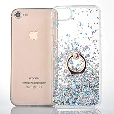 JAZ iPhone 7 Plus Case Quicksand Liquid - Ring Kickstand Ultra Thin Soft TPU Bumper Transparent Case Floating Bling Glitter Sparkle Heart Case for 5.5" iPhone 8 Plus/ 7Plus Diamond White